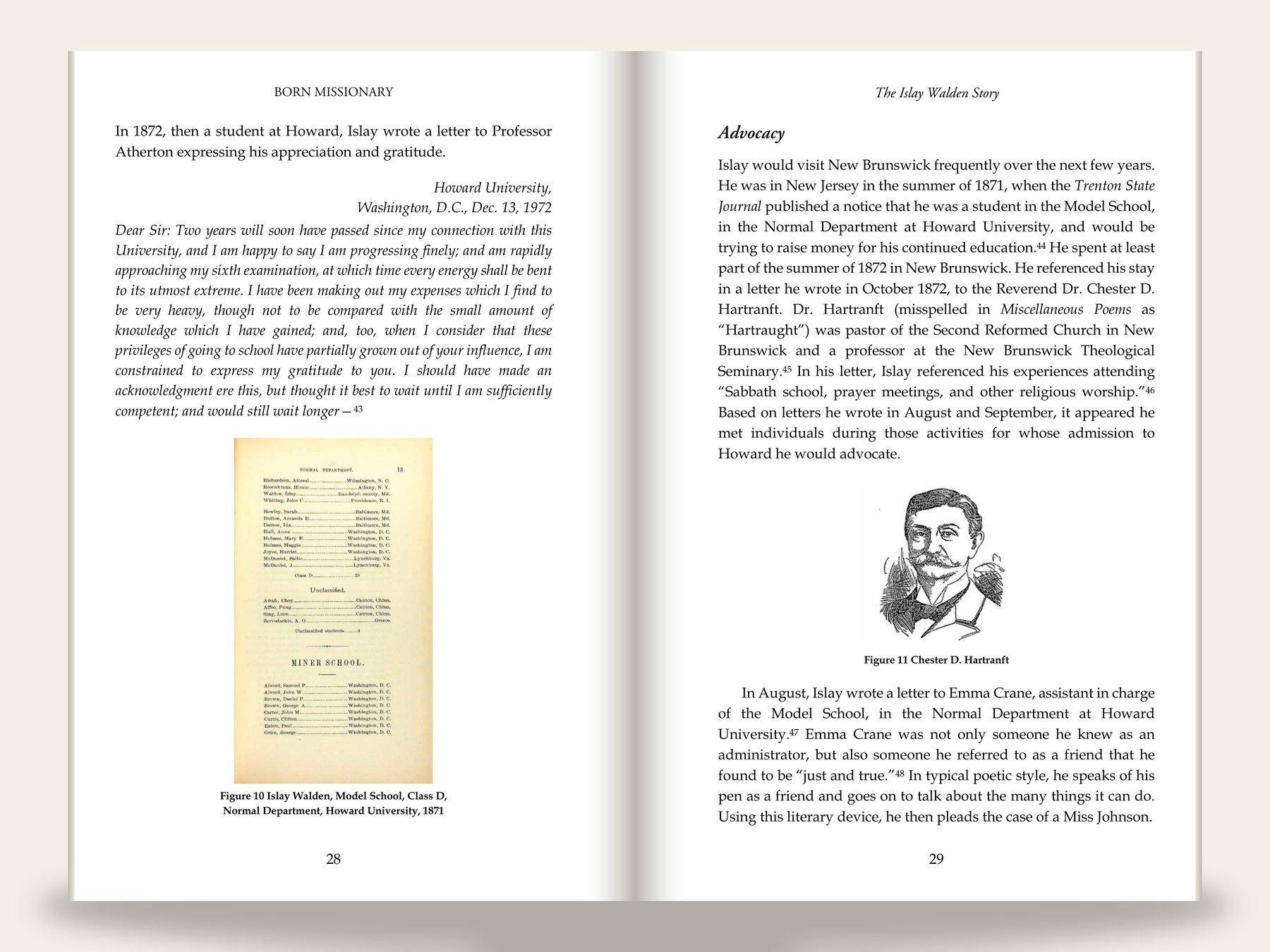 Biography spread with the verso running head "Born Missionary" and the italic recto running head "The Islay Walden Story": justified serif body text, an italic block-quoted 1872 letter, and two captioned historical figures (a class-roster facsimile and a pen-and-ink portrait) set into the columns with superscript footnote markers and centered page numbers.