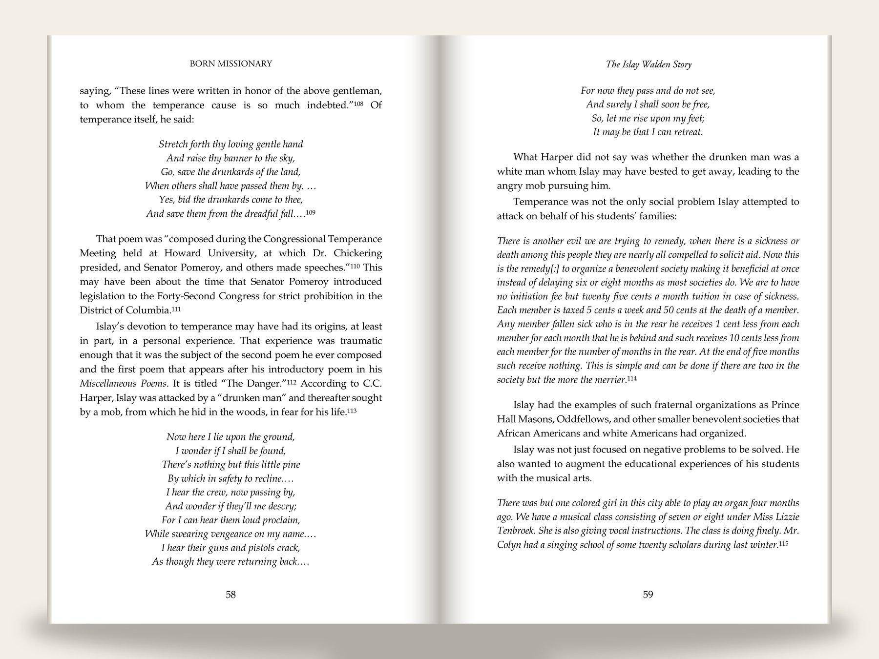 Biography body spread carrying the same paired running heads: justified serif prose interleaved with the subject’s centered italic verse and an indented italic block quotation, with superscript footnote references and centered folios.
