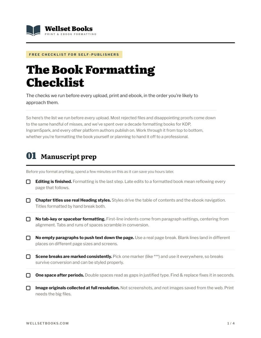 First page of the Book Formatting Checklist PDF: the Wellset Books lockup above the title and the manuscript-prep section of checkboxed items.