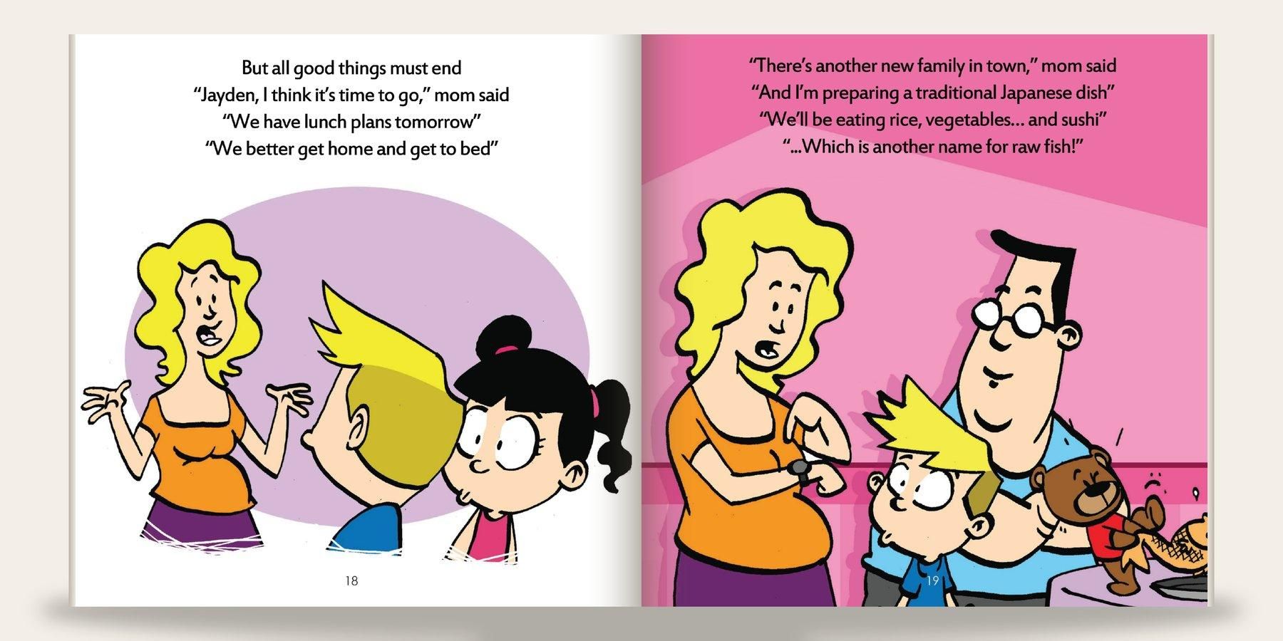Open spread of a full-bleed 8.5 by 8.5 children's book: left page shows a cartoon mother telling a young blond boy and his dark-haired friend it's time to go home; right page introduces the friend's family preparing a traditional Japanese meal of rice, vegetables and sushi. Dialogue verses set in sans-serif type sit above each scene.