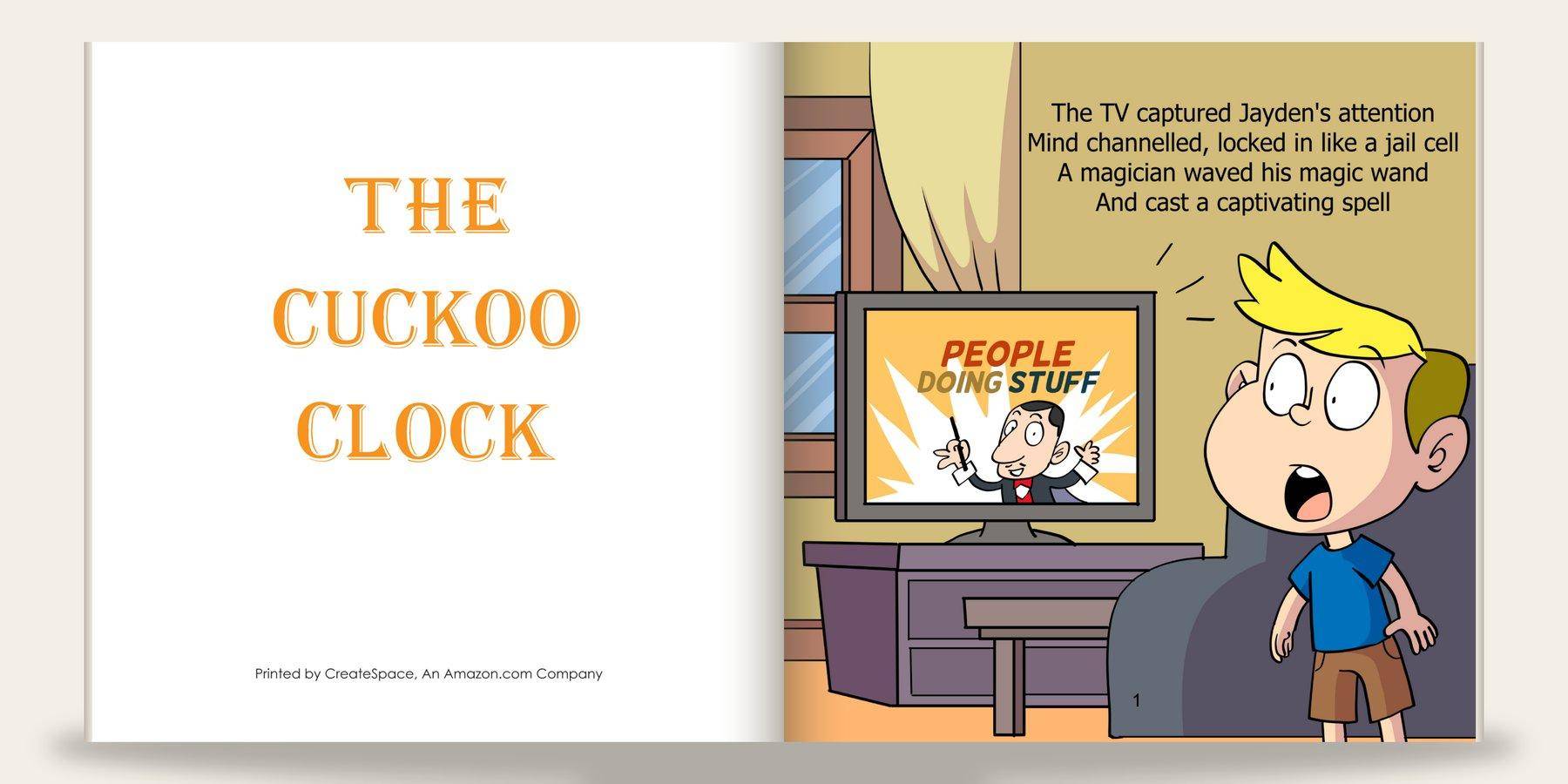 Children’s book opening spread: left page shows the title "The Cuckoo Clock" set in a decorative orange serif display face; right page begins the story with a full-bleed illustration of a wide-eyed boy watching a TV magician, with the opening verses set above the scene.