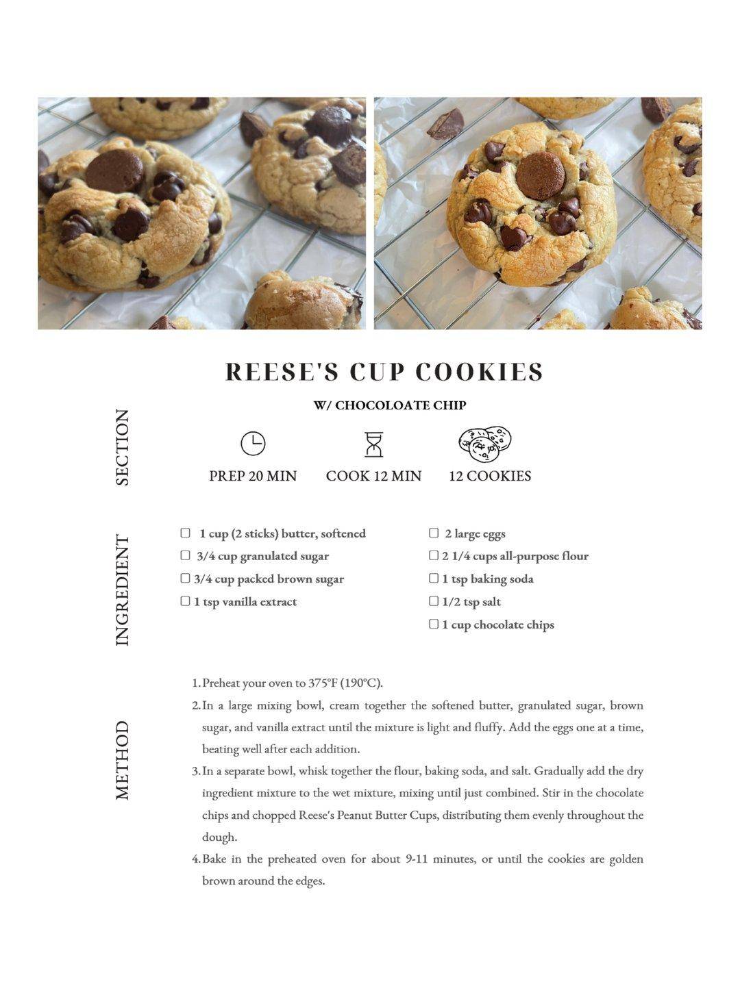 Reflowable cookbook ePub page: two stacked photos of finished Reese’s Cup Cookies at the top, then a centered serif recipe title with subtitle, three-icon meta row (prep, cook, yield), two-column ingredient checklist under a side "INGREDIENT" rail, and numbered method steps under a "METHOD" rail.
