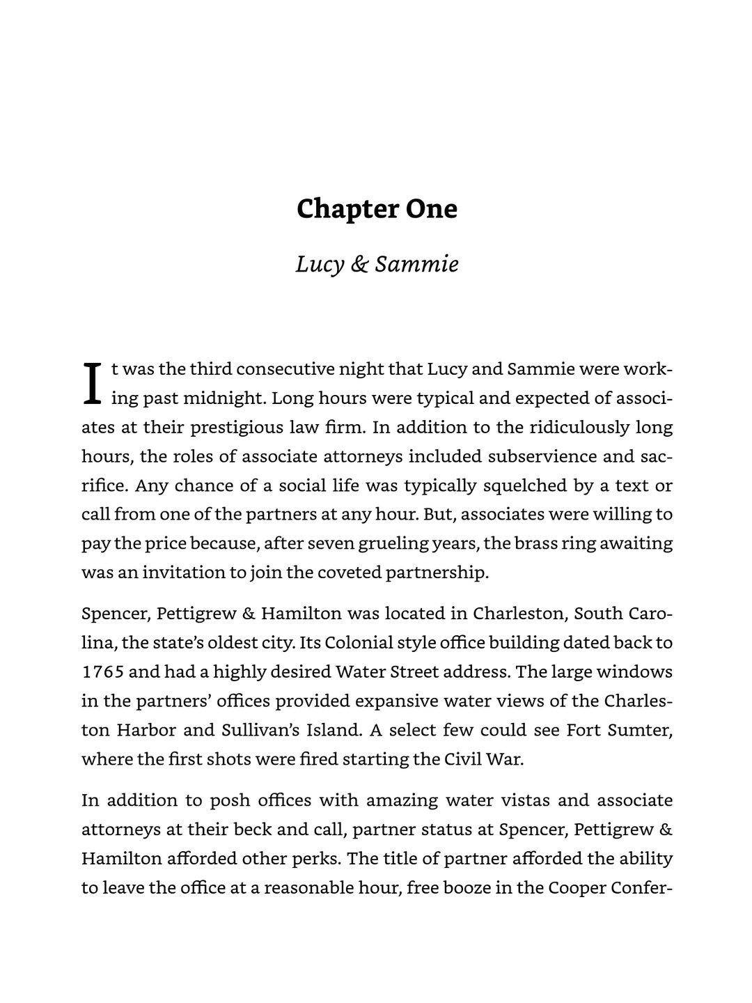 Reflowable fiction ePub page opening "Chapter One" in bold serif above the italic subtitle "Lucy & Sammie", then body text led by a two-line drop cap with justified serif paragraphs.