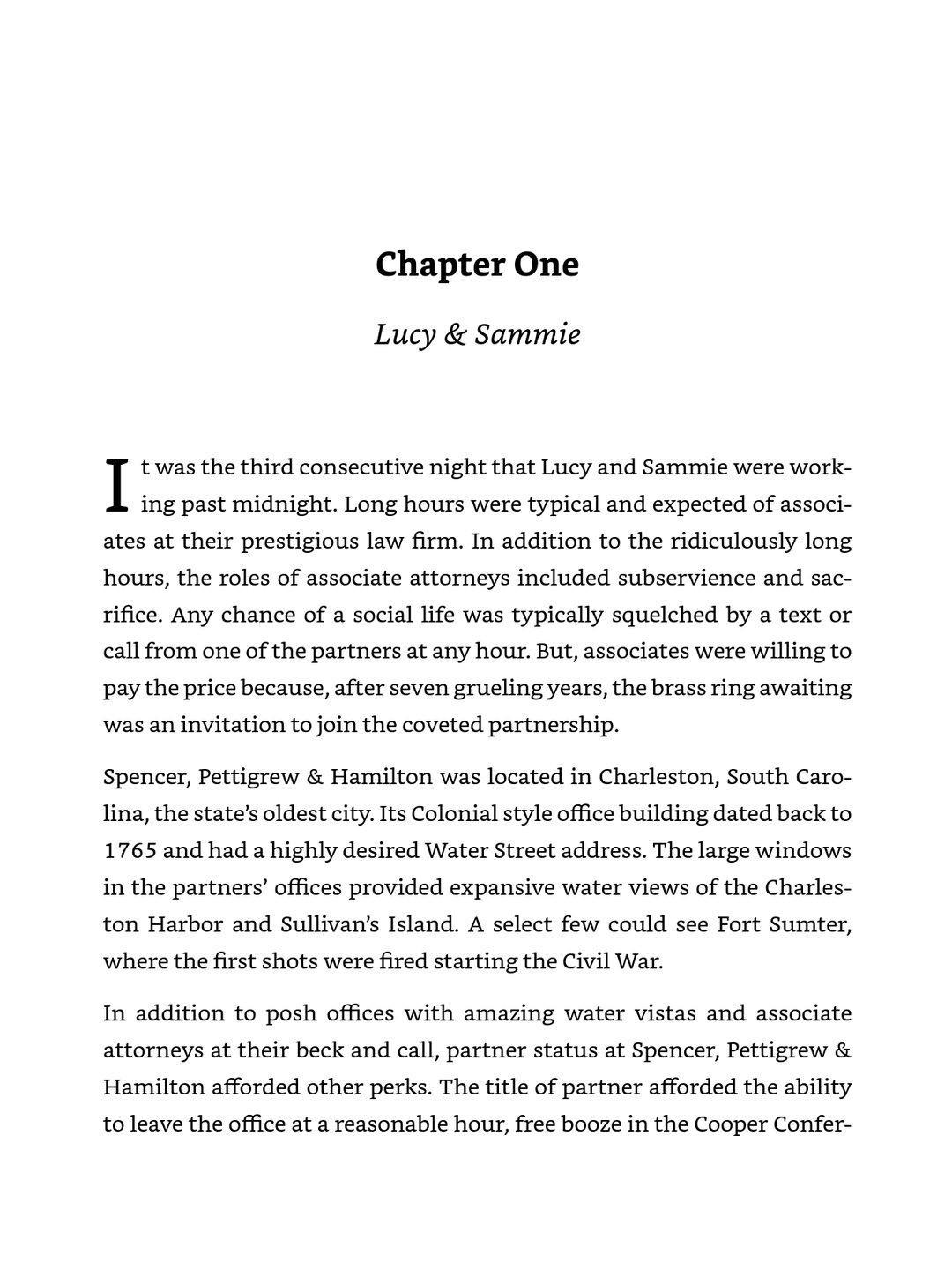 Novel formatted as an ebook: the opening page of chapter one with a drop cap, shown in a dark e-reader frame.