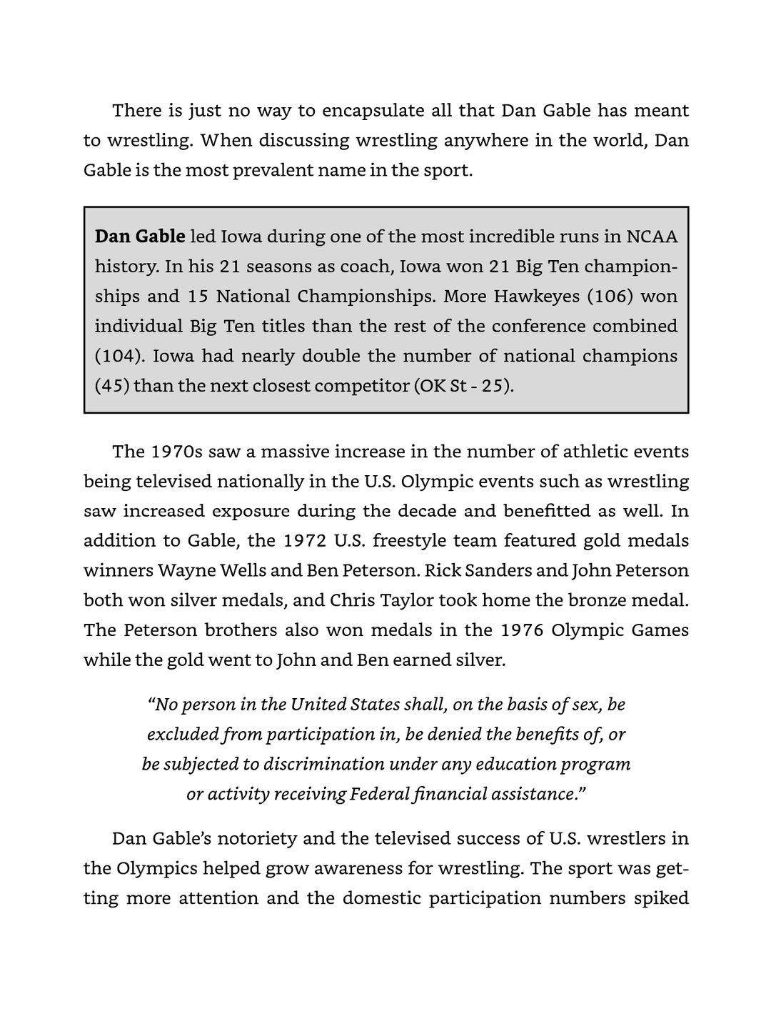 Reflowable non-fiction sports-history ePub page: justified serif body text with a bordered grey call-out box of bolded statistics, an indented italic block quotation, and a bold lead-in name introducing a profile paragraph.
