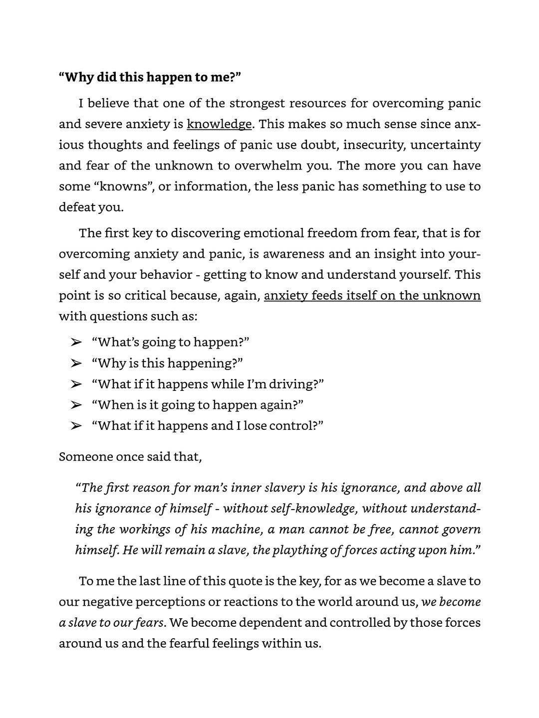 Reflowable self-help ePub page opening with a bold question heading, justified serif body text with underlined key terms, a bulleted list of reflection questions set with arrow markers, and an indented italic block quotation.