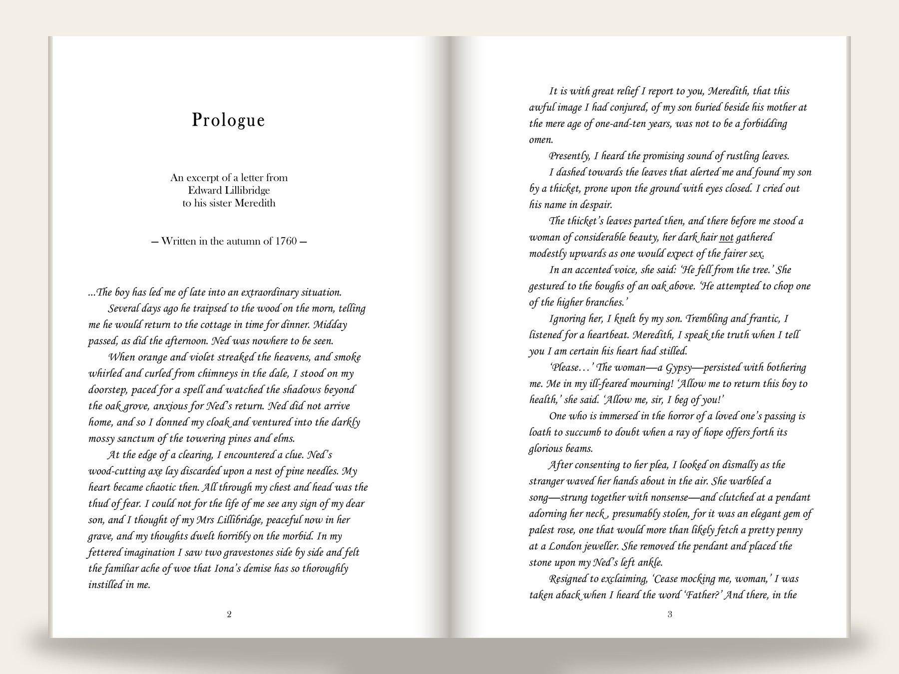 Fantasy novel prologue spread: left page sets "Prologue" in a generous serif display face above a centered subtitle ("An excerpt of a letter from Edward Lillibridge to his sister Meredith, written in the autumn of 1760") and opens the body in justified serif type; right page continues the prologue body across the gutter with consistent leading and a small folio.