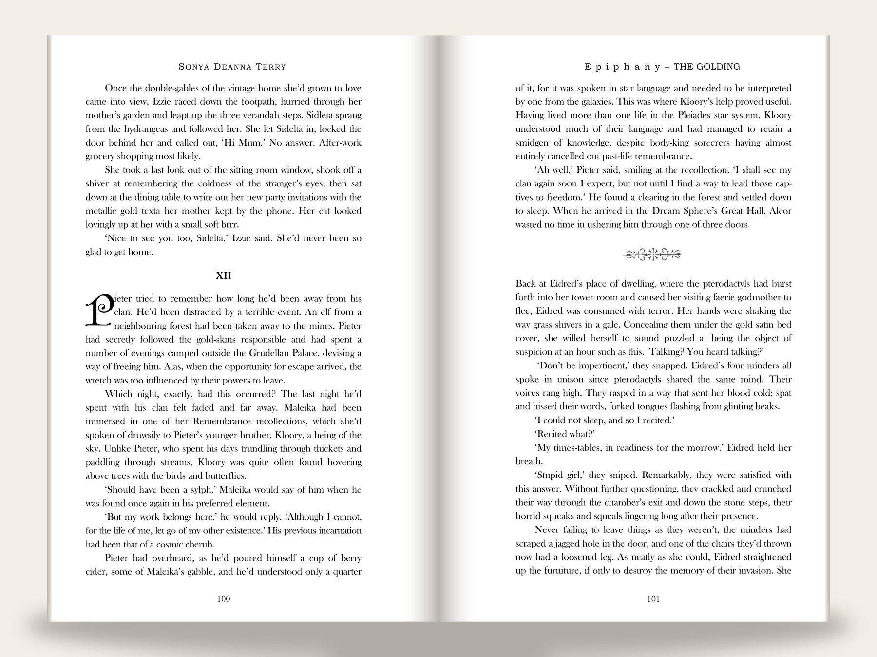 Fantasy novel body spread: left page carries the author running head "Sonya Deanna Terry" and breaks mid-page to chapter "XII" with a decorative drop cap on the opening word; right page carries the book running head "Epiphany - The Golding," a small centered ornament divider, and continues into dialogue.