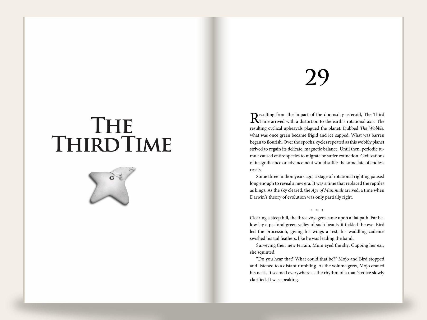 Open spread of a 6 by 9 fiction novel interior: left page shows the chapter title set in a serif display face above a small ornament; right page begins the chapter body with a large drop cap.