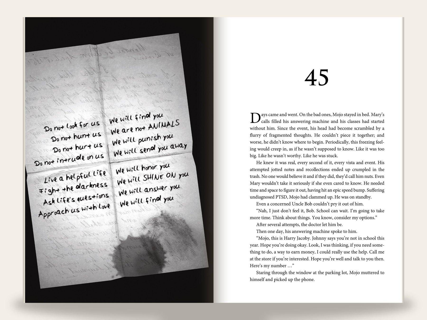 Fiction novel chapter opening: left page set in heavy serif display type above a hand-drawn ornament; right page begins body text with a drop cap.