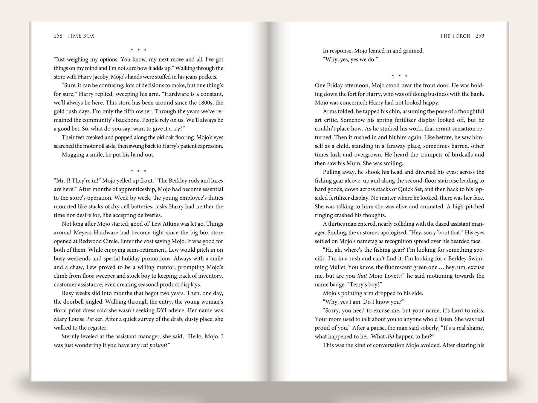 Fiction novel body spread with running heads, page numbers, and section breaks marked by three asterisms.