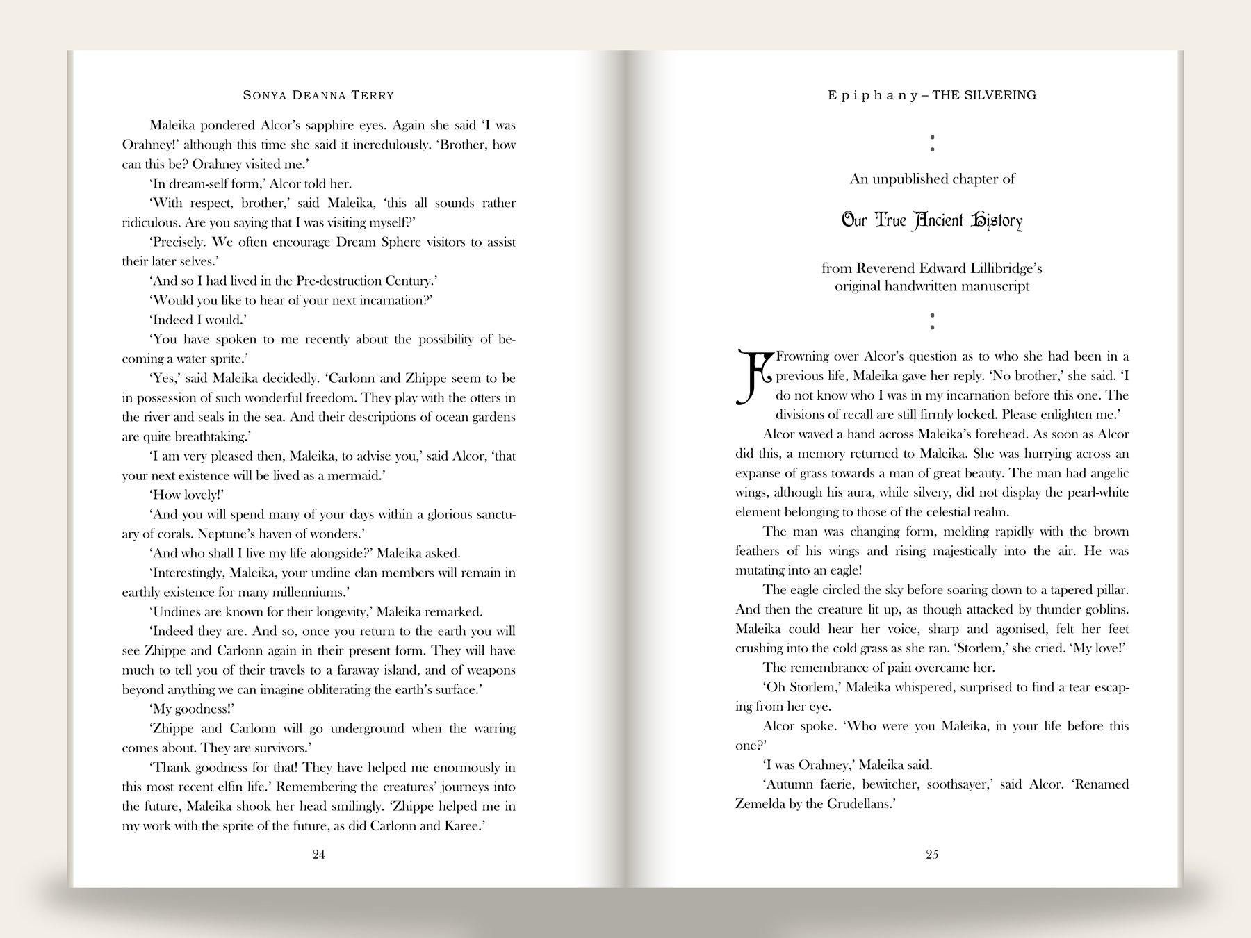 Open spread of a 6 by 9 fantasy novel interior: left page in flowing body type with an author running head; right page opens an unpublished chapter with a centered title set in decorative blackletter type above a large drop cap.