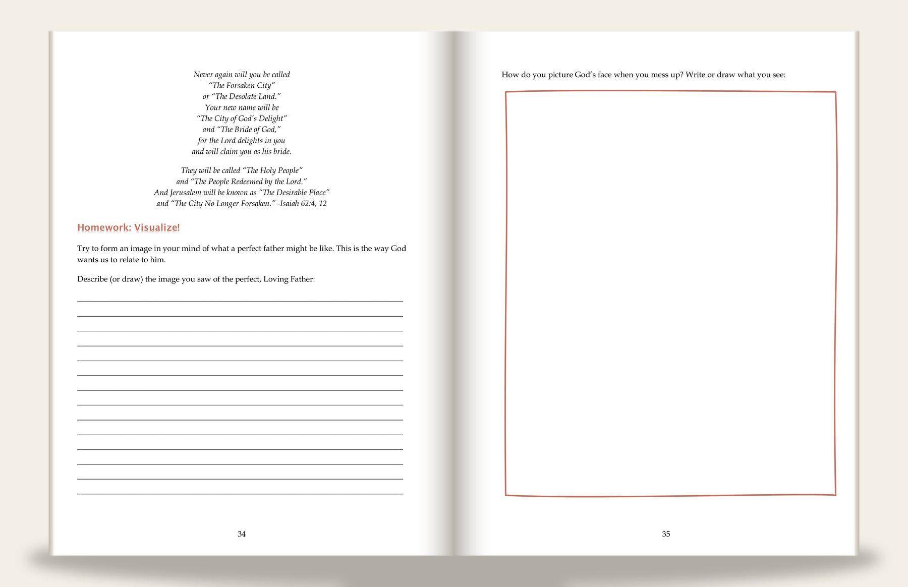 Study-workbook spread: the left page sets an italic Isaiah 62 passage above a coral "Homework: Visualize!" heading with reflection prompts and ruled write-in lines; the right page poses a single reflection question above a large hand-drawn coral draw-or-write box.