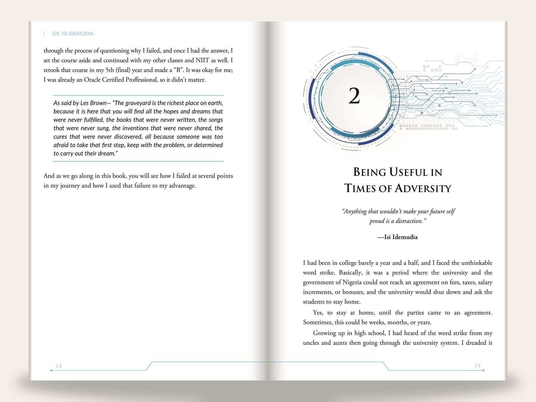 Open spread of a 6 by 9 memoir interior: left page ends a chapter with a pull-quote in italic; right page opens chapter two with a circuit-board chapter ornament, a small-caps chapter title, and an italic epigraph above the body text.