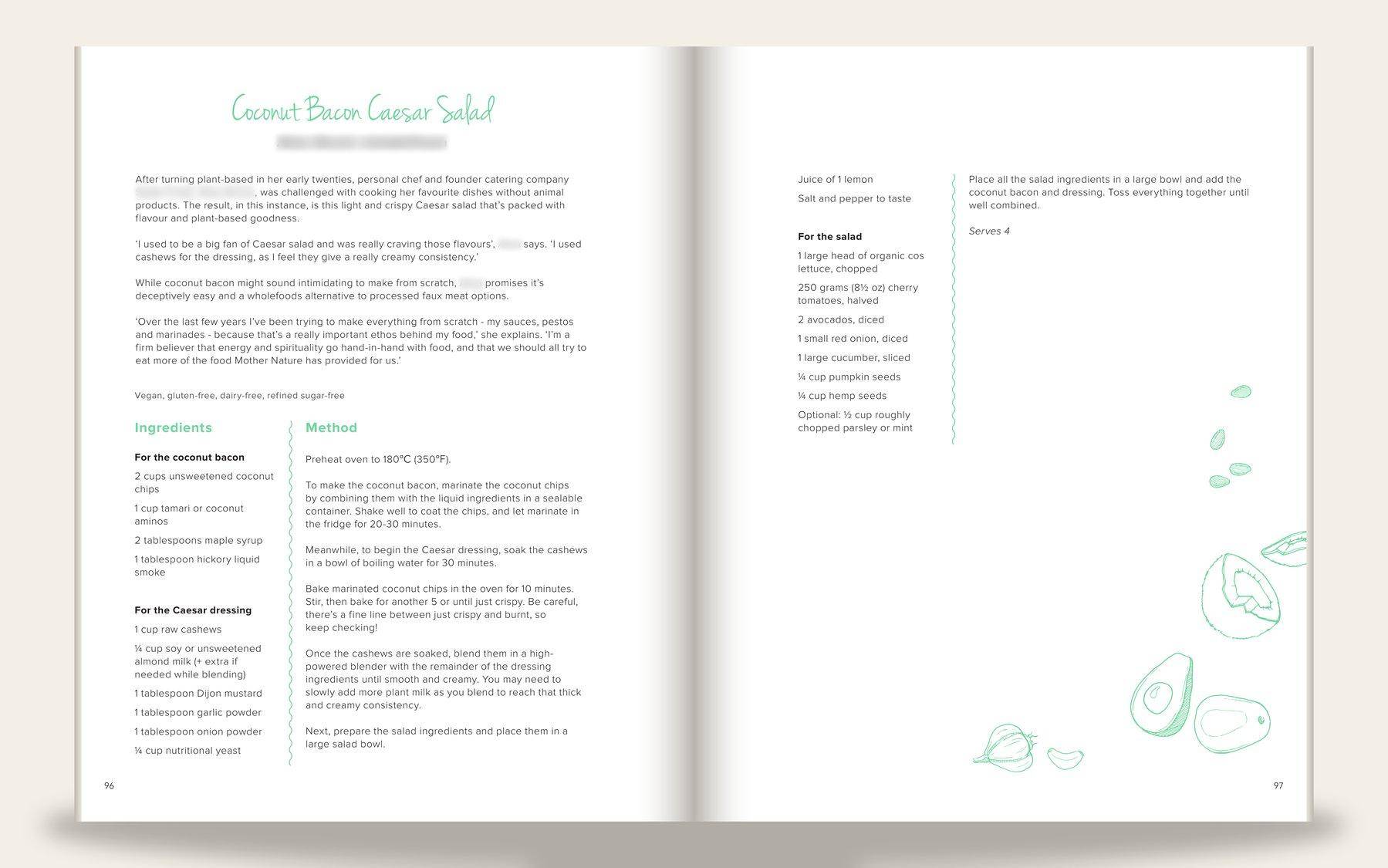 Wholefoods cookbook recipe spread for "Coconut Bacon Caesar Salad" set in a green script title with a contributor byline and intro; a two-column Ingredients and Method layout runs across the gutter, ending with a "Serves 4" note and soft line-art illustrations of avocado and lemon in the margin.