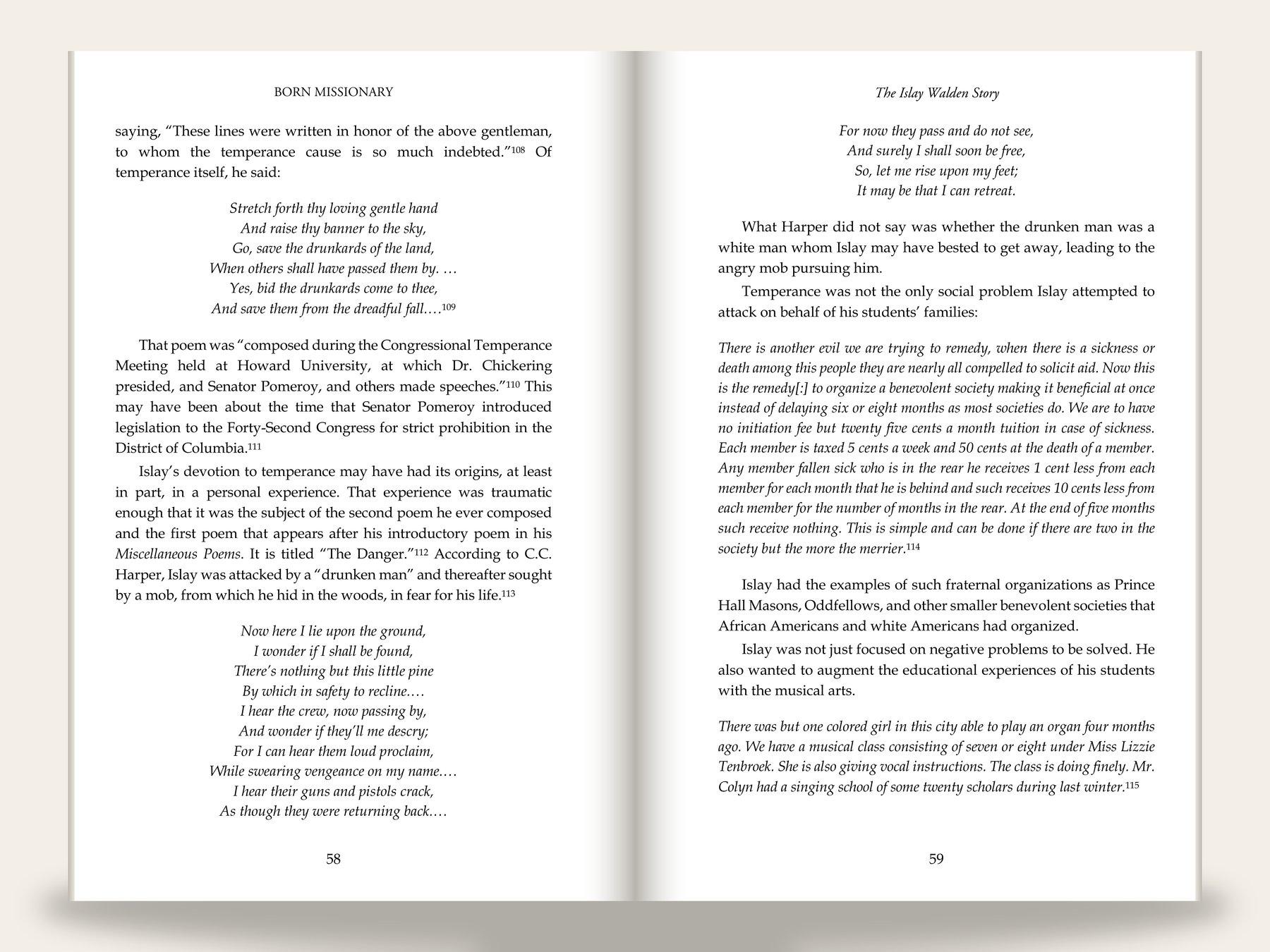 Biography body spread carrying the same paired running heads: justified serif prose interleaved with the subject’s centered italic verse and an indented italic block quotation, with superscript footnote references and centered folios.