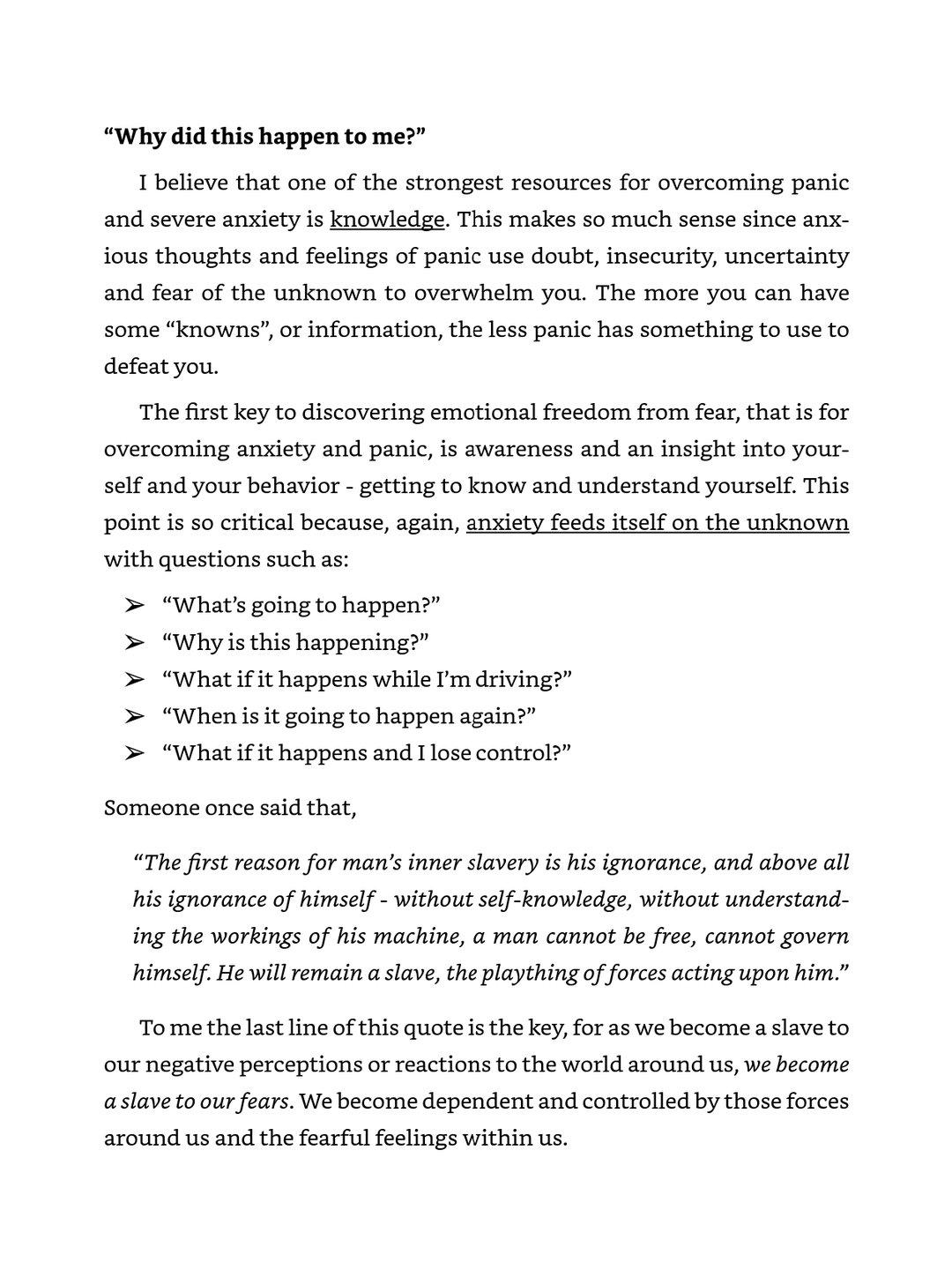Reflowable self-help ePub page opening with a bold question heading, justified serif body text with underlined key terms, a bulleted list of reflection questions set with arrow markers, and an indented italic block quotation.