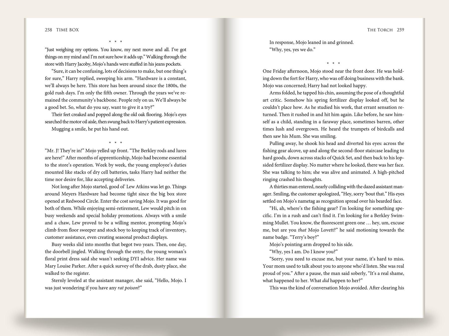 Fiction novel body spread with running heads, page numbers, and section breaks marked by three asterisms.